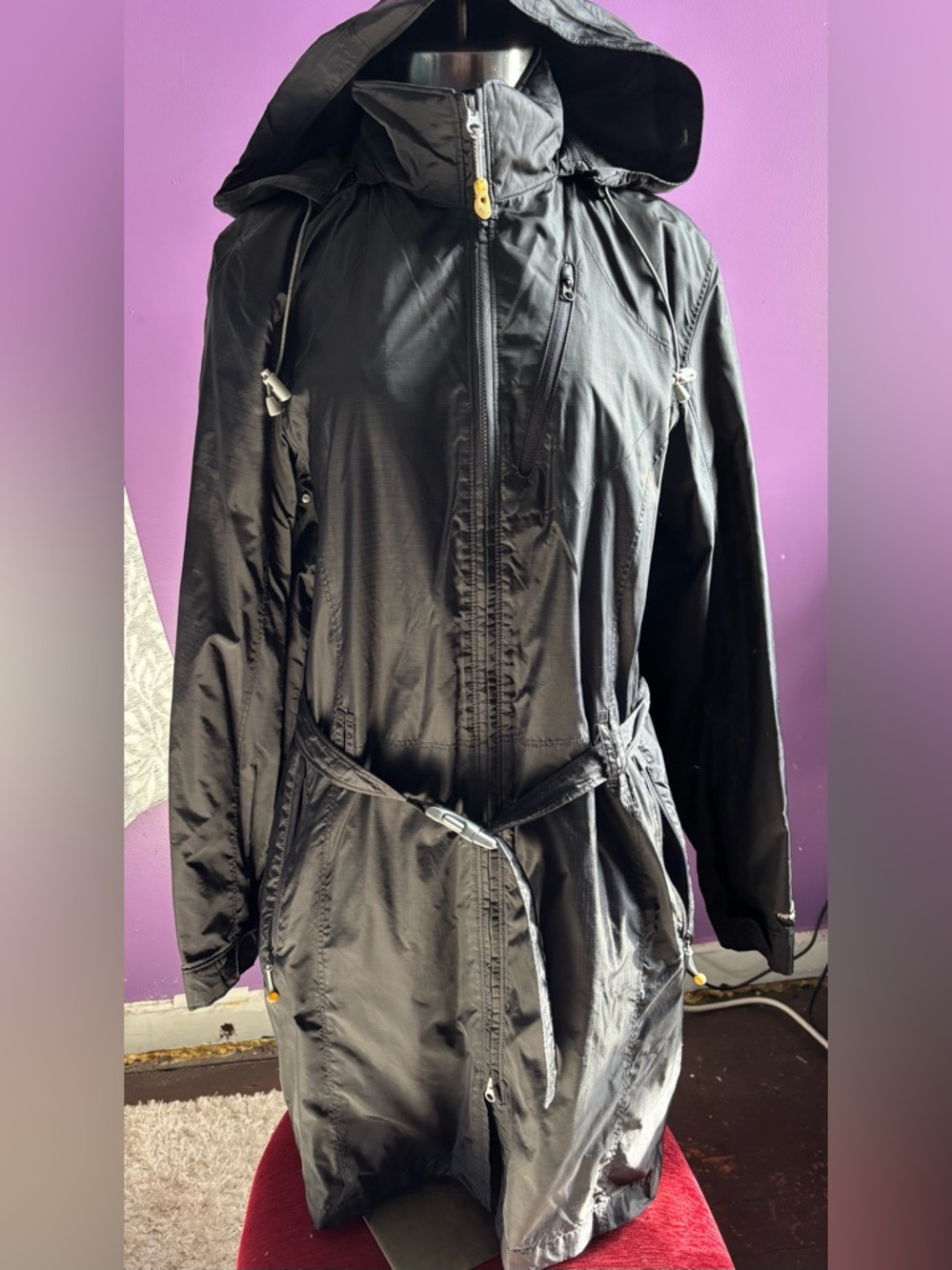 New Balance Black Hooded Trench Coat with Drawstring Waist